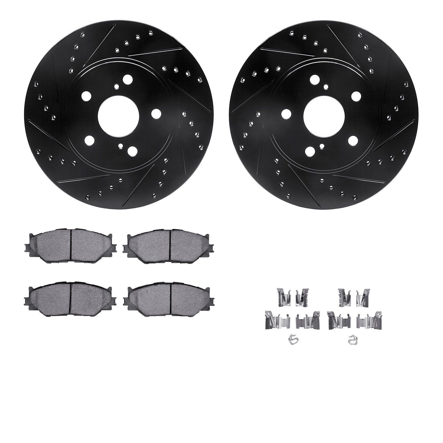 8612-76001 Drilled/Slotted Brake Rotors w/5000 Euro Ceramic Brake Pads Kit & Hardware [Black], 2006-2015 Lexus/Toyota/Scion, Pos