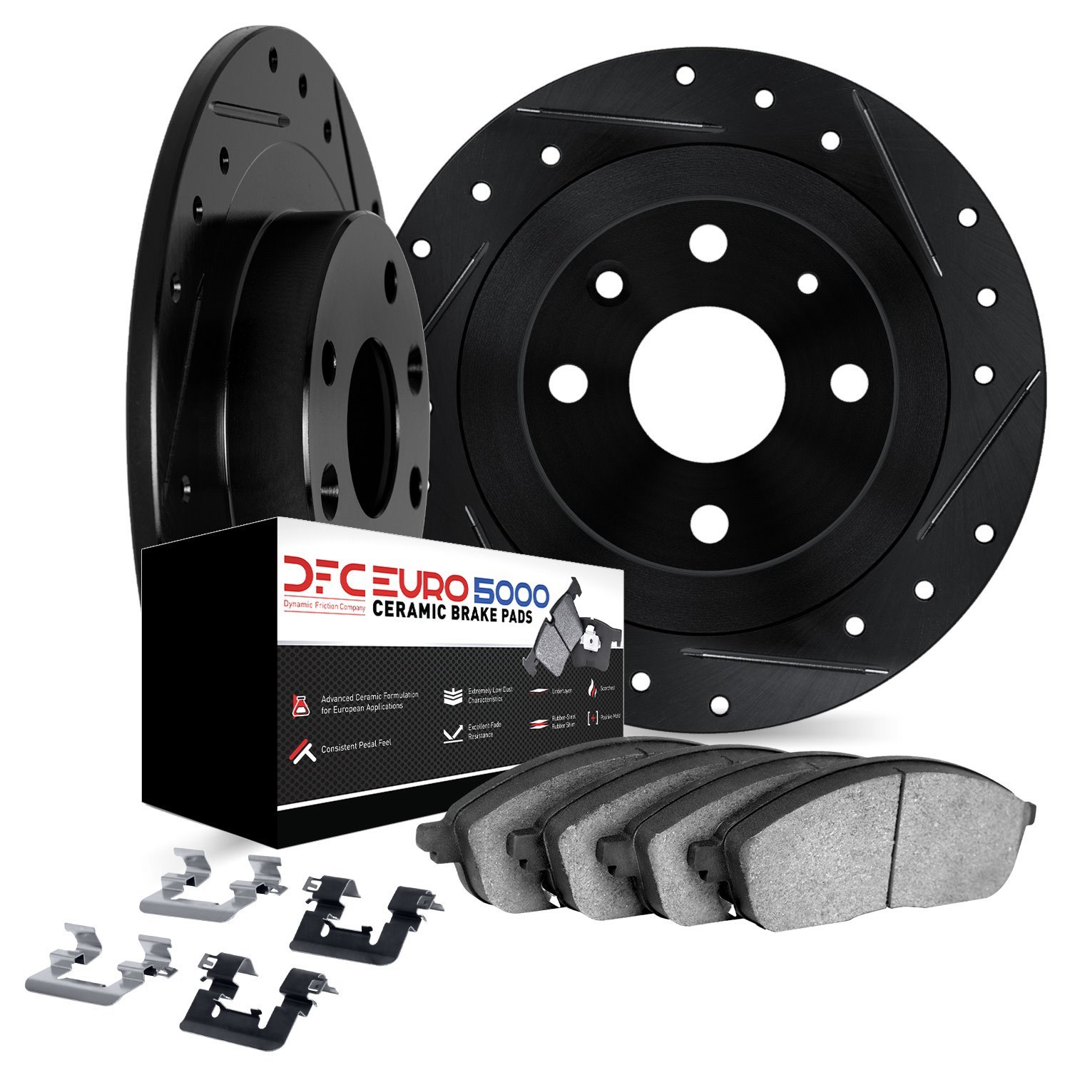 8612-92004 Drilled/Slotted Brake Rotors w/5000 Euro Ceramic Brake Pads Kit & Hardware [Black], 2000-2003 GM, Position: Rear