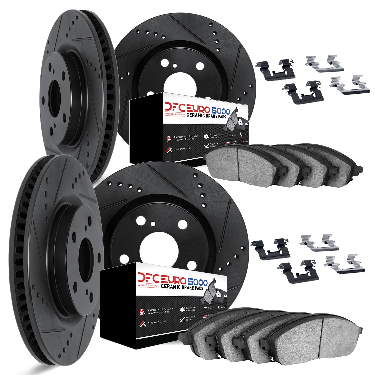 8614-02003 Drilled/Slotted Brake Rotors w/5000 Euro Ceramic Brake Pads Kit & Hardware [Black], 1997-2004 Porsche, Position: Fron