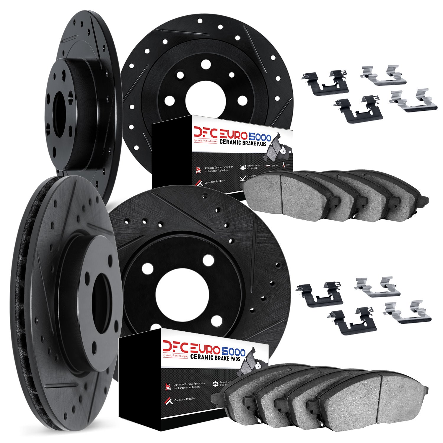 8614-07000 Drilled/Slotted Brake Rotors w/5000 Euro Ceramic Brake Pads Kit & Hardware [Black], 2012-2019 Mopar, Position: Front