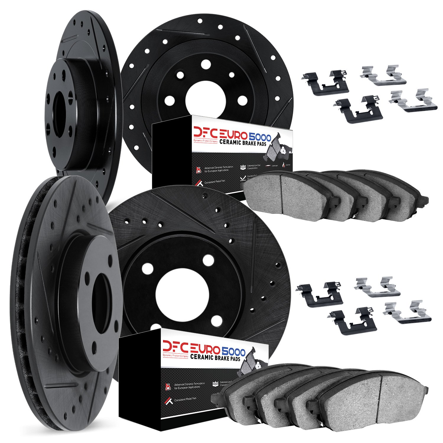 8614-07001 Drilled/Slotted Brake Rotors w/5000 Euro Ceramic Brake Pads Kit & Hardware [Black], 2013-2019 Mopar, Position: Front