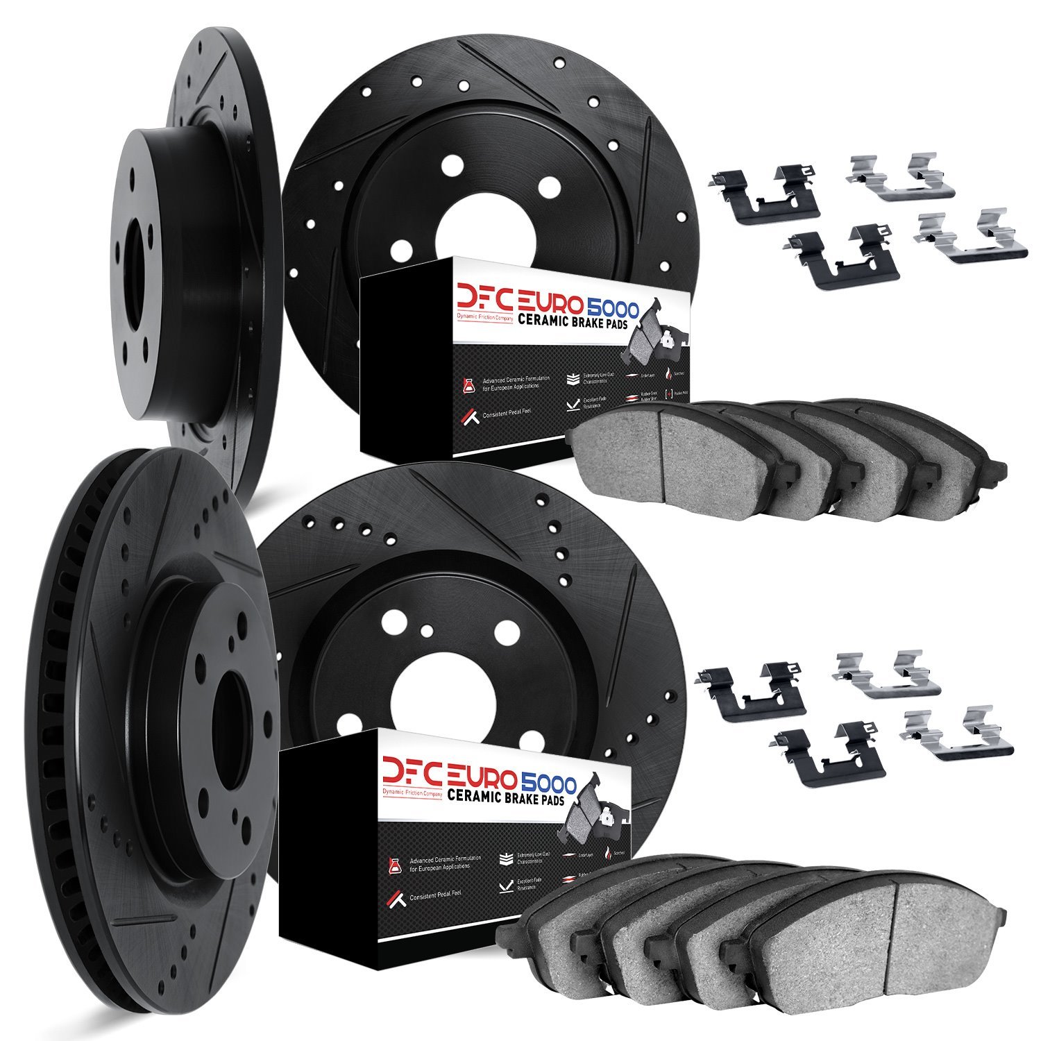8614-07002 Drilled/Slotted Brake Rotors w/5000 Euro Ceramic Brake Pads Kit & Hardware [Black], 2014-2019 Mopar, Position: Front