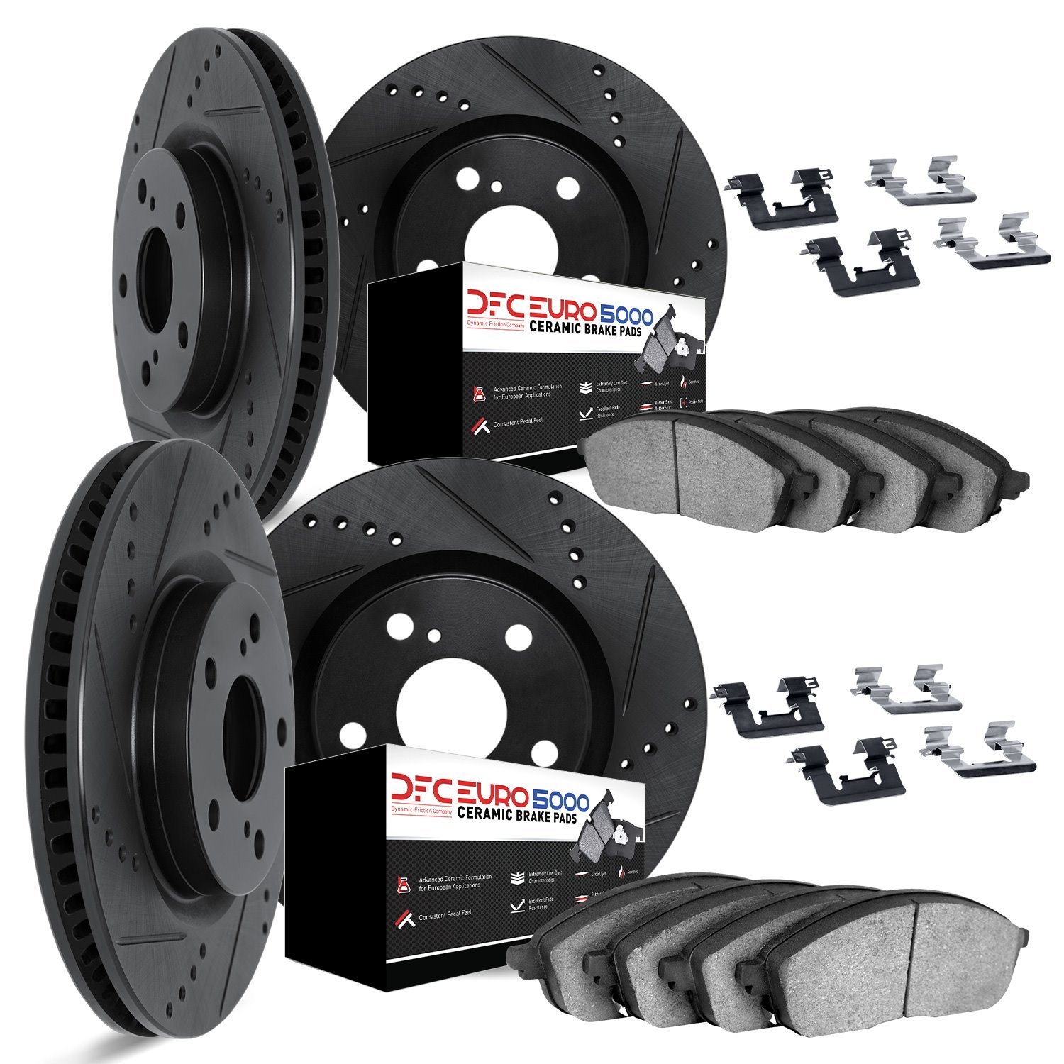 8614-11003 Drilled/Slotted Brake Rotors w/5000 Euro Ceramic Brake Pads Kit & Hardware [Black], 2005-2007 Land Rover, Position: F