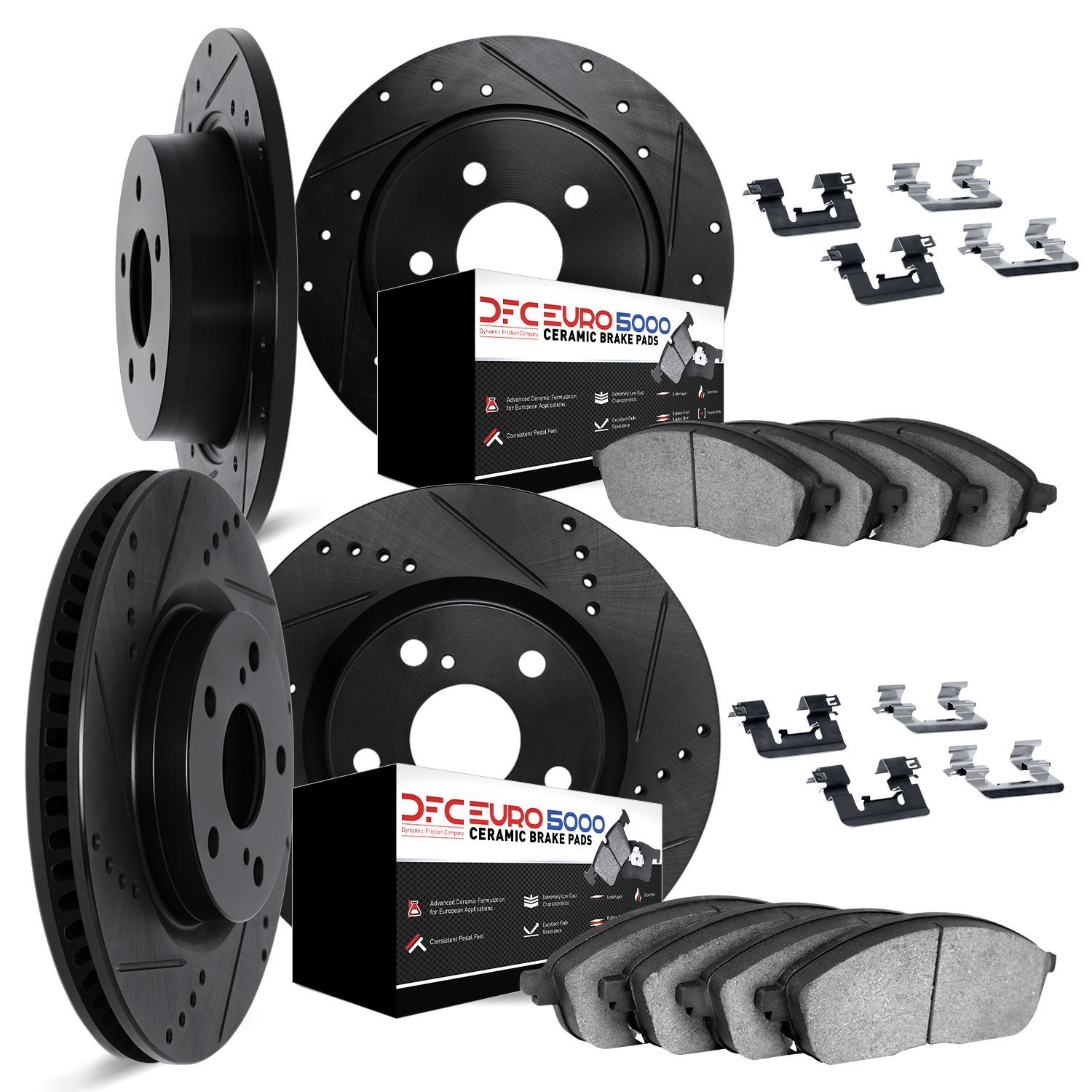 8614-27010 Drilled/Slotted Brake Rotors w/5000 Euro Ceramic Brake Pads Kit & Hardware [Black], 1983-1992 Volvo, Position: Front