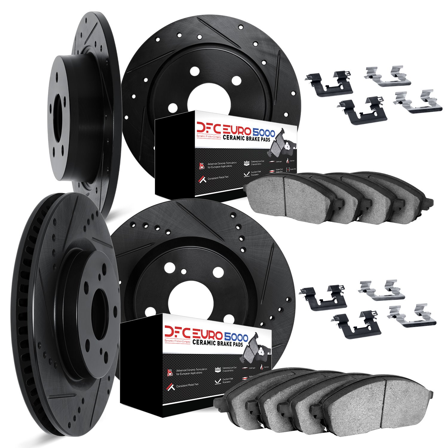 8614-40000 Drilled/Slotted Brake Rotors w/5000 Euro Ceramic Brake Pads Kit & Hardware [Black], 2009-2014 Multiple Makes/Models,