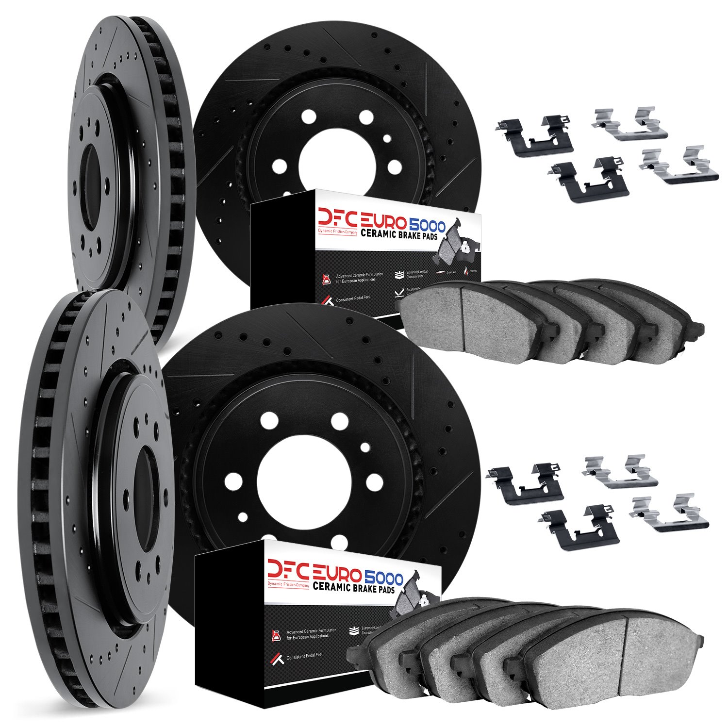 8614-48003 Drilled/Slotted Brake Rotors w/5000 Euro Ceramic Brake Pads Kit & Hardware [Black], 2006-2009 GM, Position: Front and