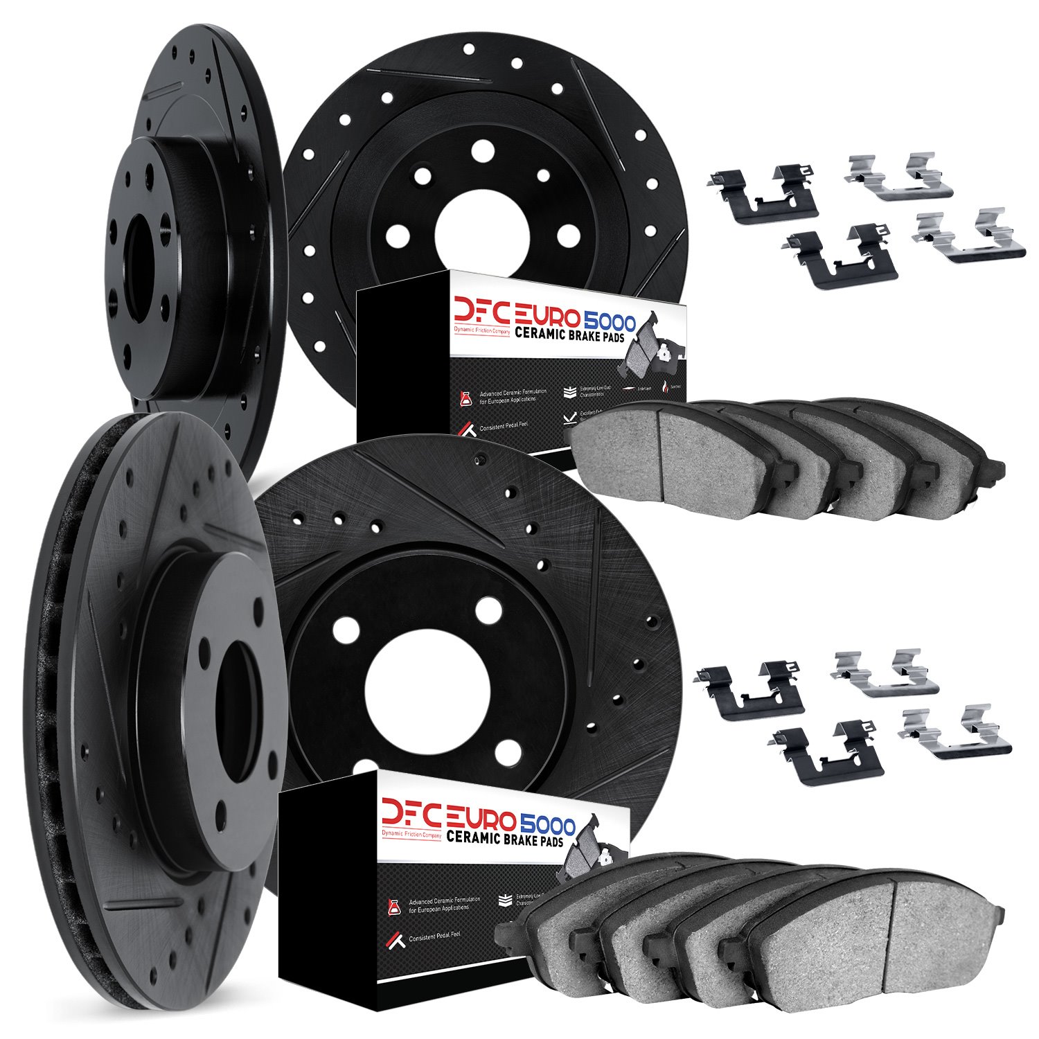 8614-54002 Drilled/Slotted Brake Rotors w/5000 Euro Ceramic Brake Pads Kit & Hardware [Black], 2002-2004 Ford/Lincoln/Mercury/Ma