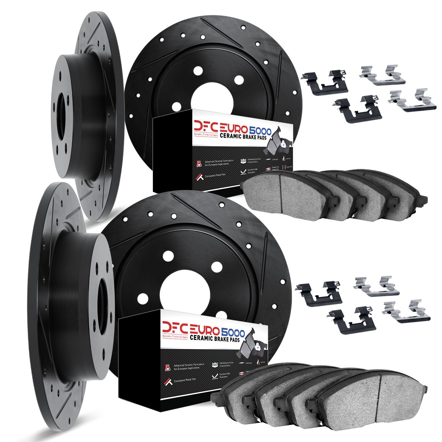 8614-63005 Drilled/Slotted Brake Rotors w/5000 Euro Ceramic Brake Pads Kit & Hardware [Black], 1968-1971 Mercedes-Benz, Position