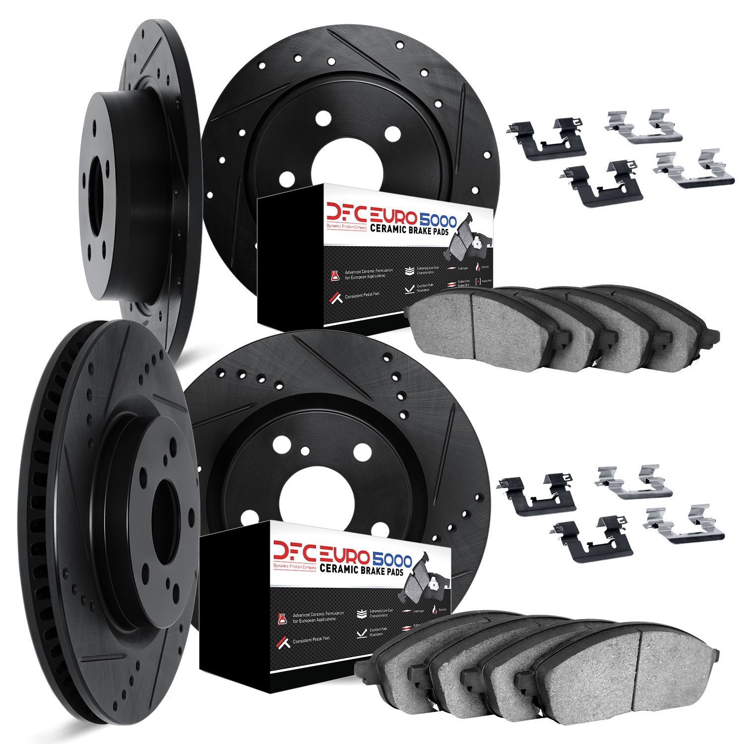 8614-63026 Drilled/Slotted Brake Rotors w/5000 Euro Ceramic Brake Pads Kit & Hardware [Black], 1973-1979 Mercedes-Benz, Position