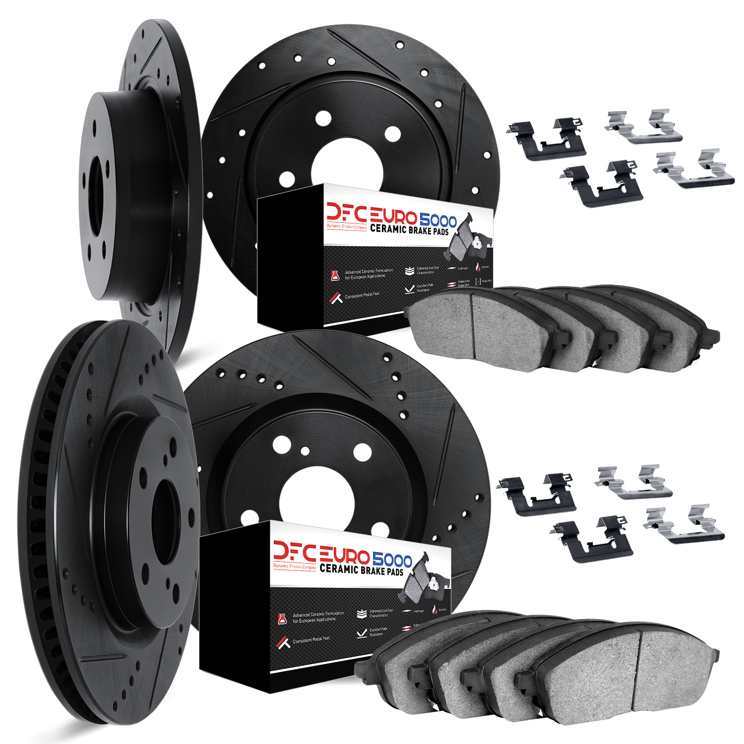 8614-73006 Drilled/Slotted Brake Rotors w/5000 Euro Ceramic Brake Pads Kit & Hardware [Black], 1980-1983 Audi/Volkswagen, Positi