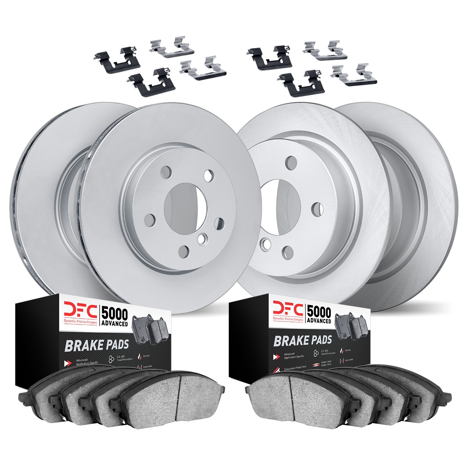 9514-20015 GEOMET Brake Rotors w/5000 Advanced Brake Pads Kit & Hardware, 2017-2019 Jaguar, Position: Front and Rear