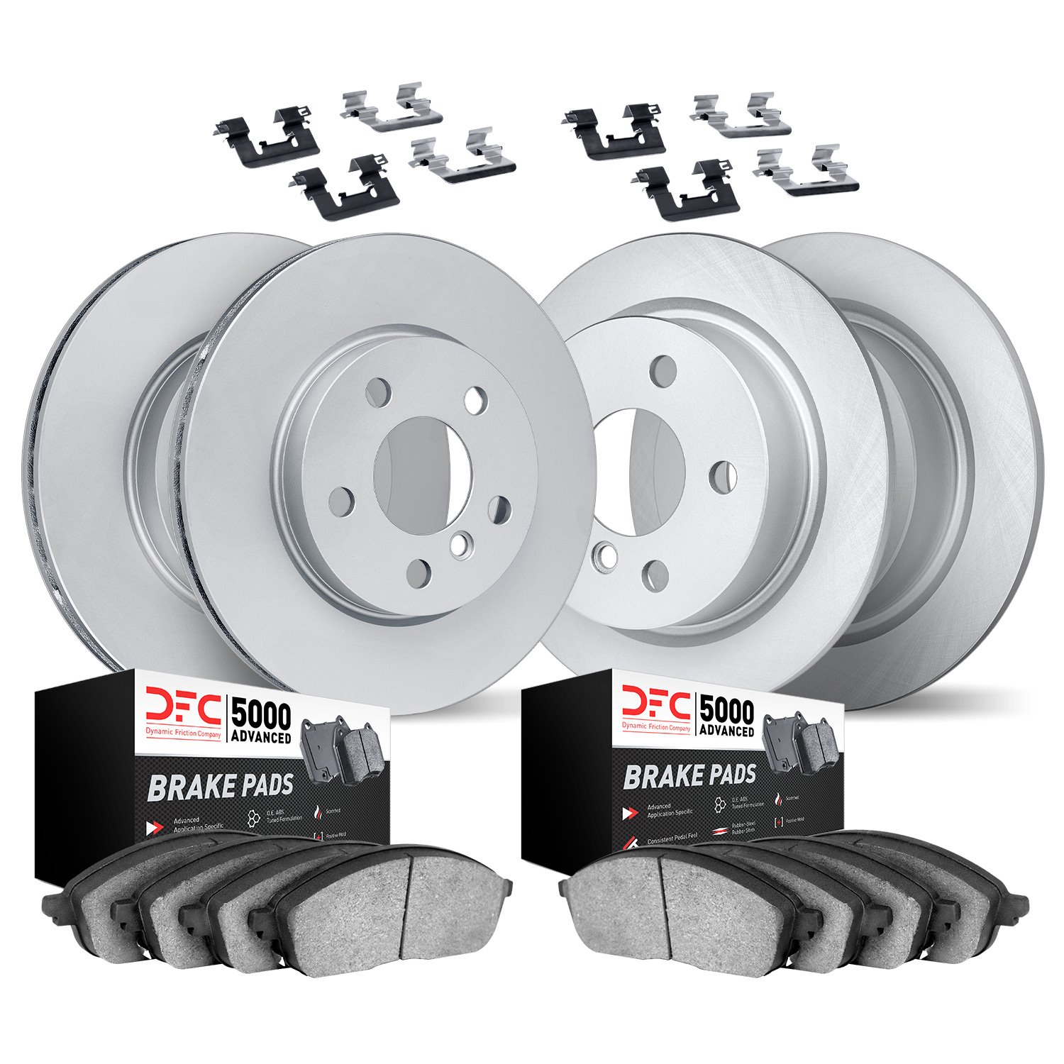 9514-27024 GEOMET Brake Rotors w/5000 Advanced Brake Pads Kit & Hardware, 2007-2018 Volvo, Position: Front and Rear