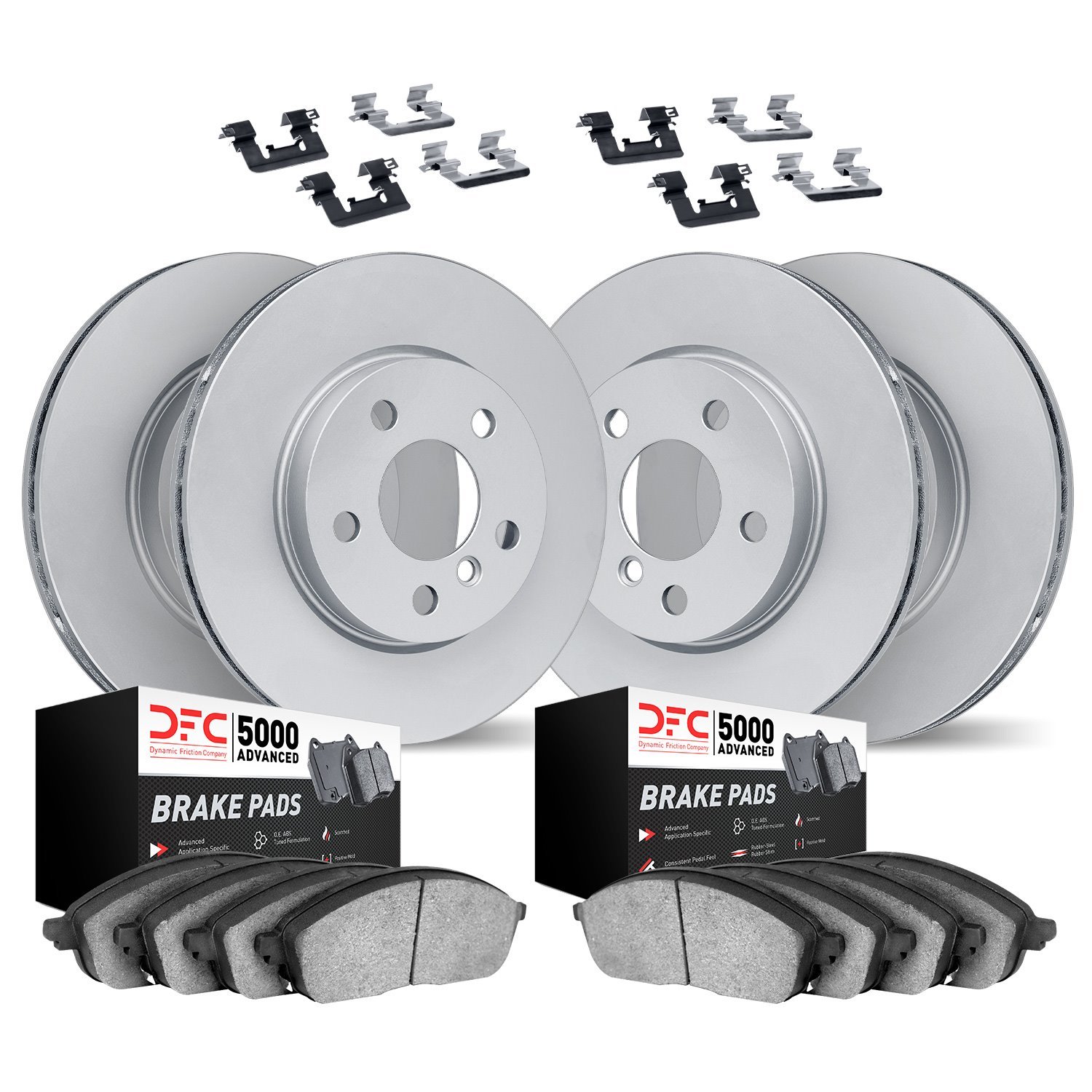 9514-39011 GEOMET Brake Rotors w/5000 Advanced Brake Pads Kit & Hardware, 2005-2020 Mopar, Position: Front and Rear