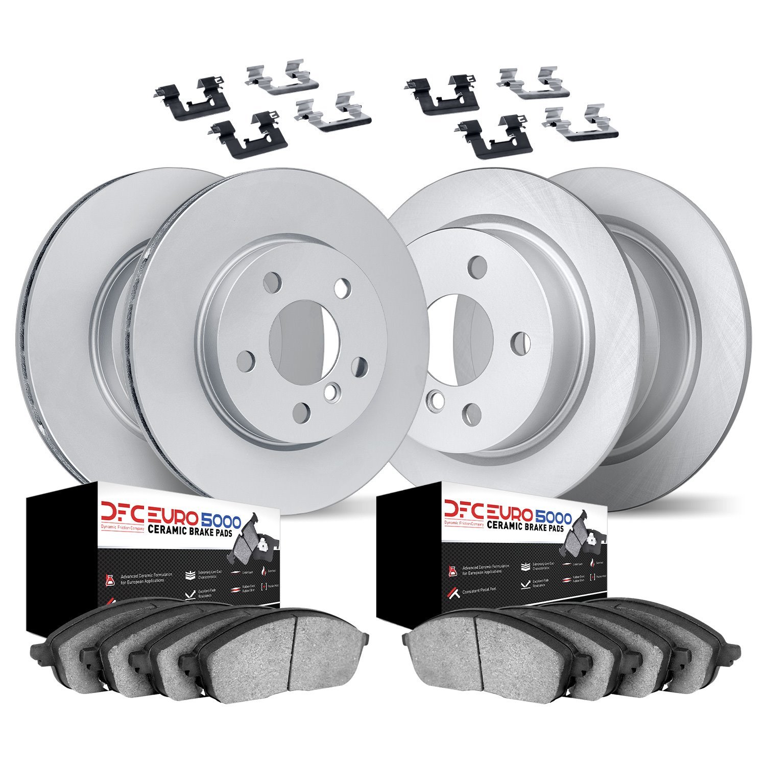 9614-11113 GEOMET Brake Rotors w/5000 Euro Ceramic Brake Pads Kit & Hardware, 2014-2018 Audi/Volkswagen, Position: Front and Rea
