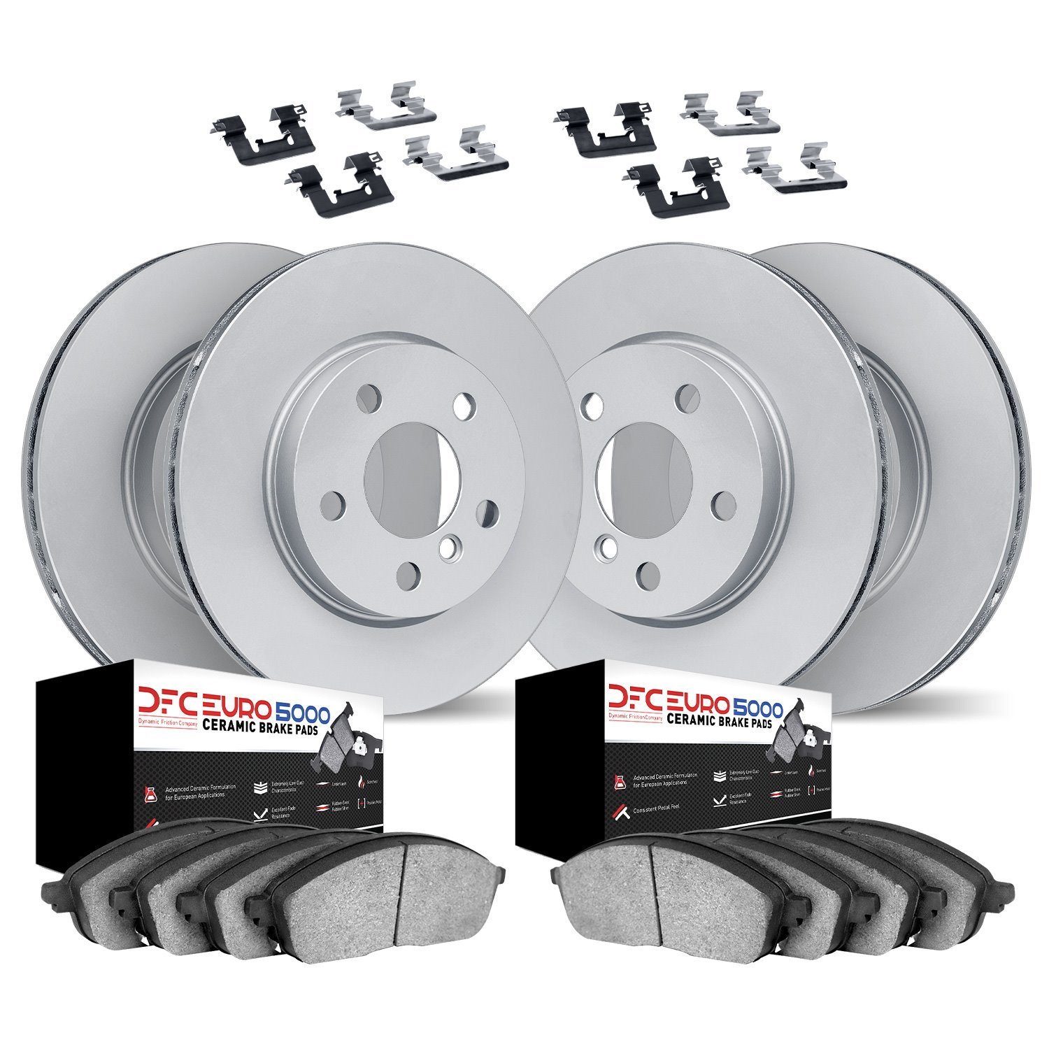 9614-11445 GEOMET Brake Rotors w/5000 Euro Ceramic Brake Pads Kit & Hardware, 2008-2016 Volvo, Position: Front and Rear