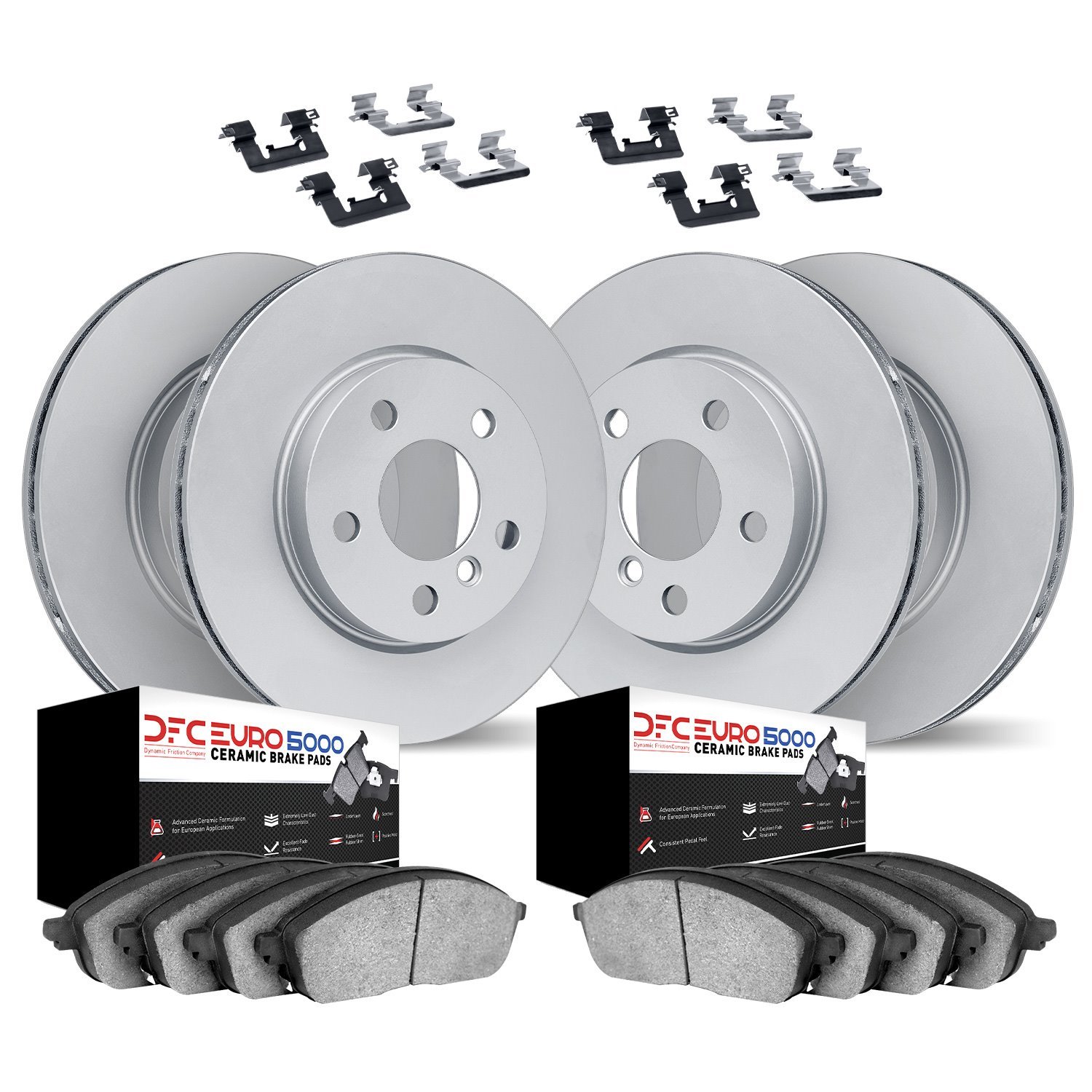 9614-11970 GEOMET Brake Rotors w/5000 Euro Ceramic Brake Pads Kit & Hardware, 2010-2015 GM, Position: Front and Rear