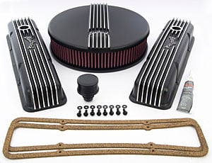 Classic Finned Valve Covers and Air Filter Kit for 1959-1986 Small Block Chevy 262-400 Black Powder Coated Finish