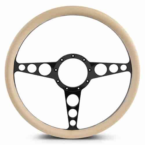 15 in. Racer Steering Wheel - Gloss Black Spokes, Tan Grip