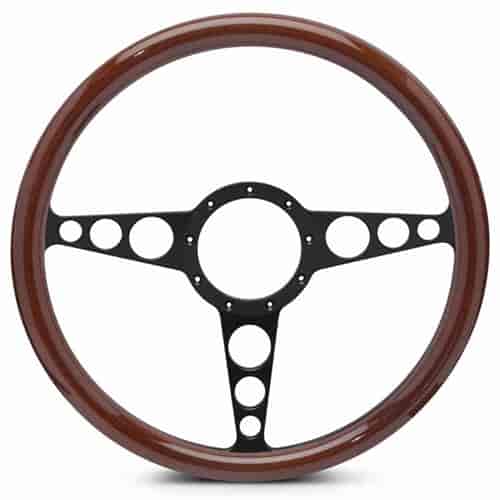15 in. Racer Steering Wheel - Matte Black Spokes, Woodgrain Grip