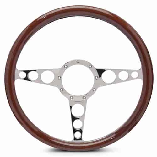 15 in. Racer Steering Wheel - Polished Spokes, Woodgrain Grip