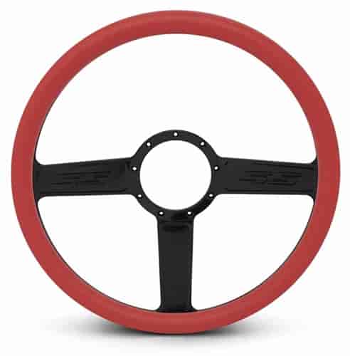 15 in. SS Logo Steering Wheel - Black Anodized Spokes, Red Grip