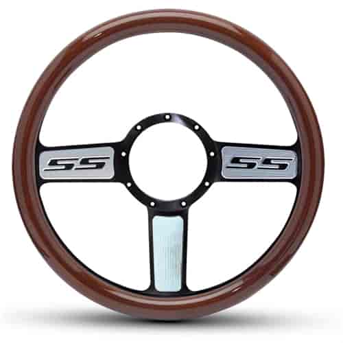 15 in. SS Logo Steering Wheel - Black Spokes with Machined Highlights, Woodgrain Grip