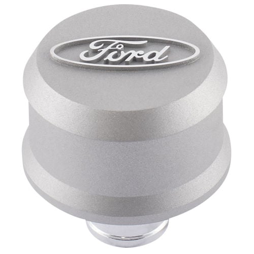 Push-In Aluminum Valve Cover Air Breather Cap with Raised & Machined Oval Ford Emblem in Cast Gray Crinkle Finish