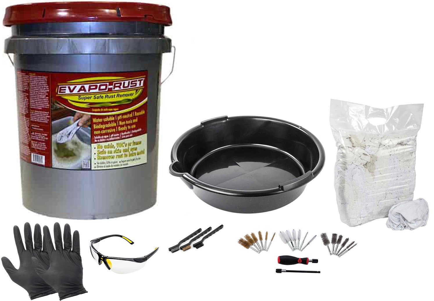 Evapo-Rust ER013K (ER013): Evapo-Rust Rust Remover Cleaning Kit  Includes:  5-Gallon Rust Remover, 7-Quart Drain Pan, X-Large Nitrile Gloves, Safety  Glasses, 3-Piece Wire Brush Set, 20-Piece Engine Brush Kit, Cotton Shop  Rags 