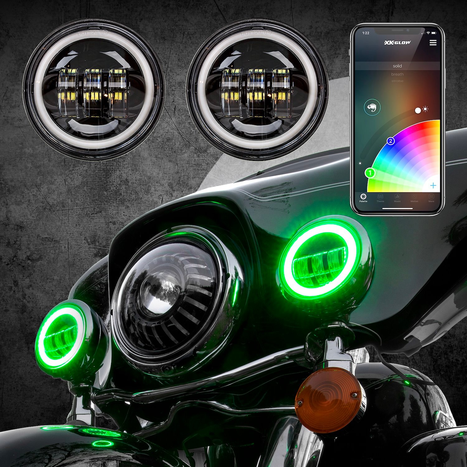 XK042011-B 4.5 in. Black RGB LED Running Light Kit, for Harley Motorcycle, w/ XKCHROME Bluetooth App Control, Universal Fit