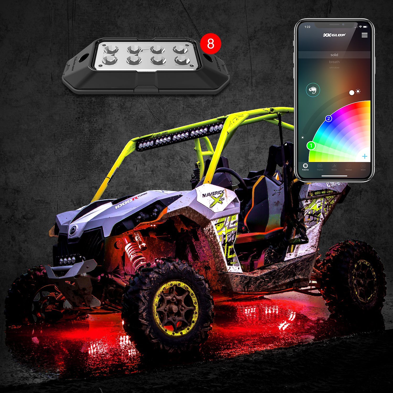 XK-ROCK-ADV RGB Rock Light Advanced Kit, w/ XKCHROME App Control Bluetooth, 6 Watt, 8-Piece, Universal Fit