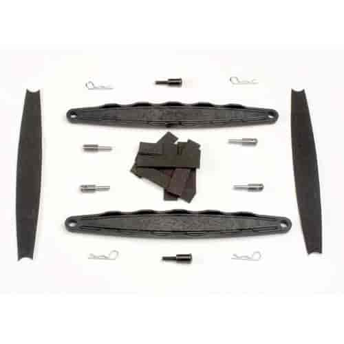 Hold downs battery 2 / adhesive foam battery pads/ shoulder screws 2 / battery hold-down posts 4 / clips 4