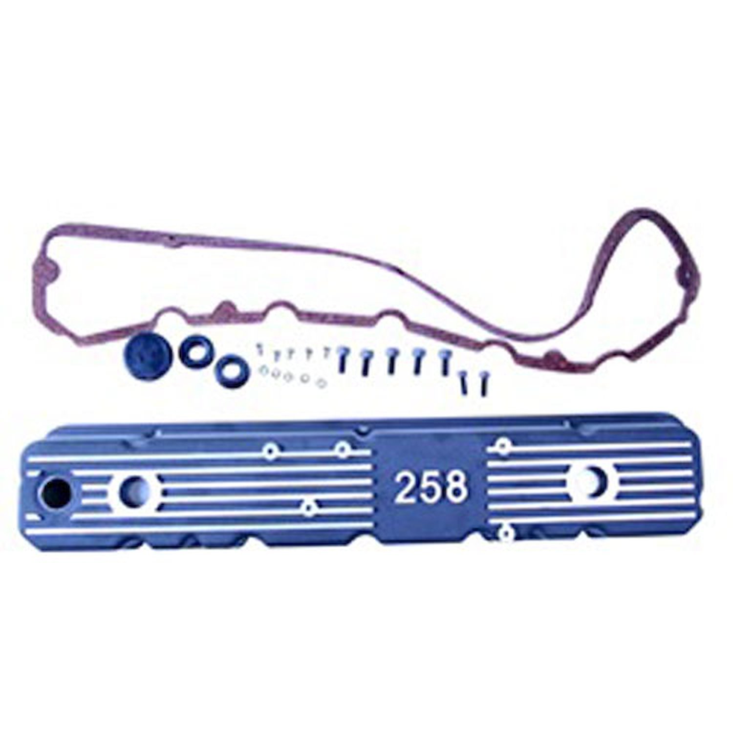 Die cast aluminum valve cover has a black wrinkle finish with 258 text. It fits 81-83 Jeep CJ5 81-86