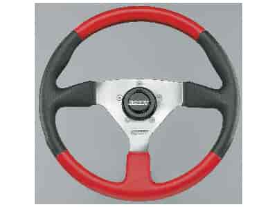 Formula-1 Steering Wheel Black and Red Vinyl Hand Grip 3-Spoke - Polished Aluminum 13-3/4" Diameter 3-1/2" Dish