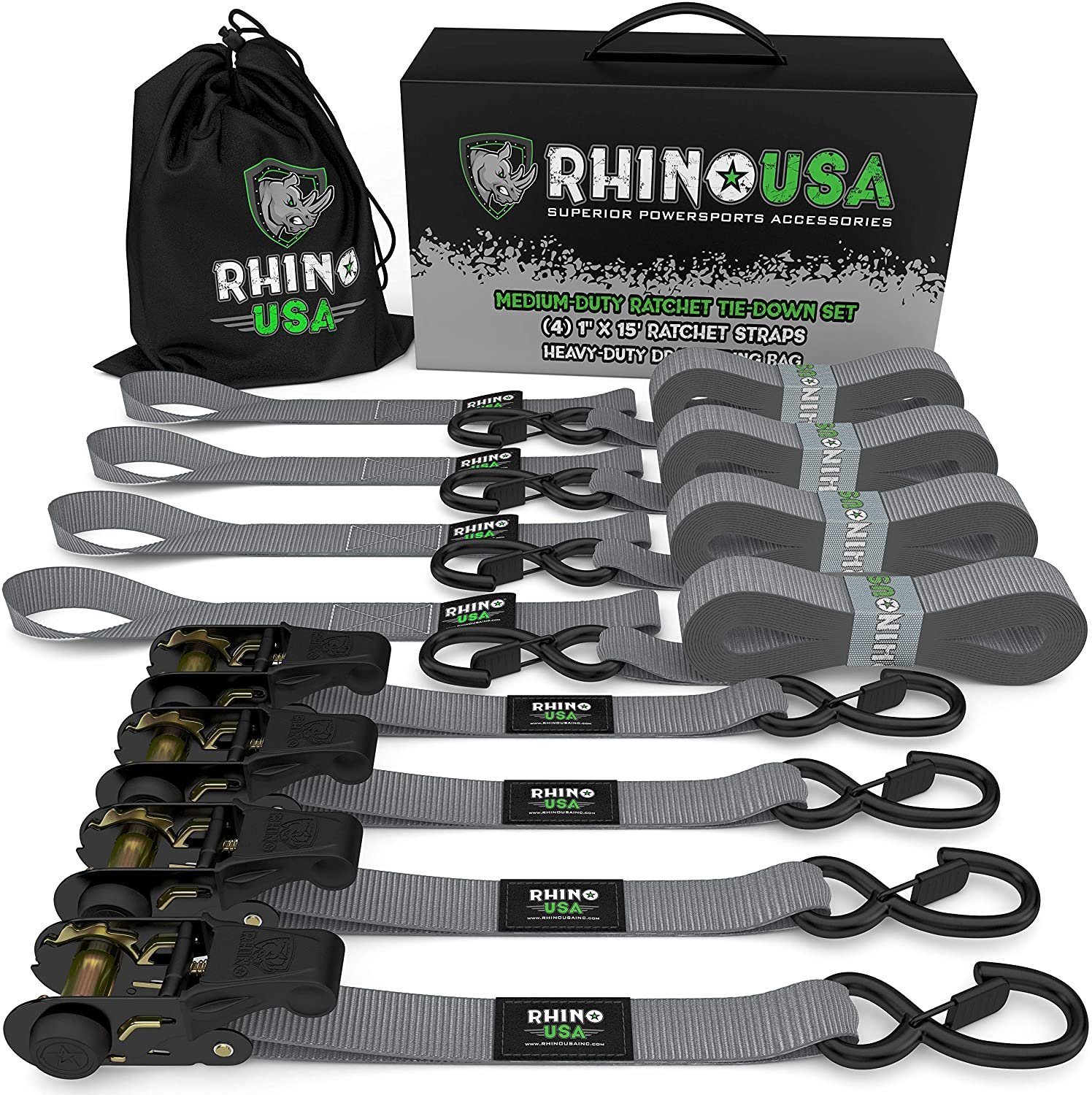 RCHT-4PACK-GRY Medium Duty Ratchet Strap Tie-Downs [Gray, Set of 4]
