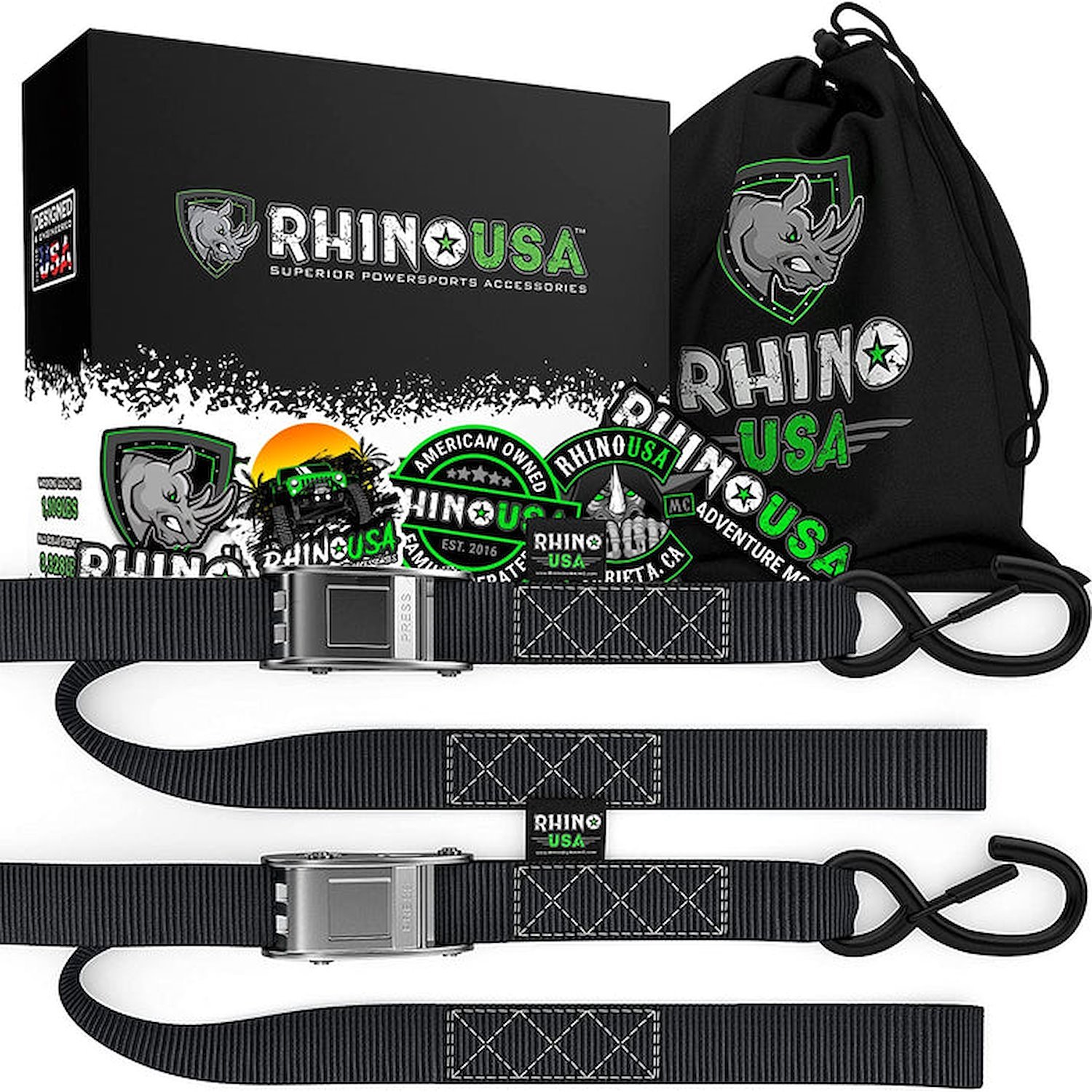 RNO-CAMSOFT-GRN Cambuckle Motorcycle Tiedown Straps [1.500 in. x 8 ft., Green, Set of 2]
