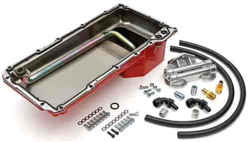 LS Swap Oil Pan/Filter Combo Kit for 1982-2004 Chevy S10/Blazer, Early Model GM Cars/Trucks [Double Filter, Horizontal Port, Red