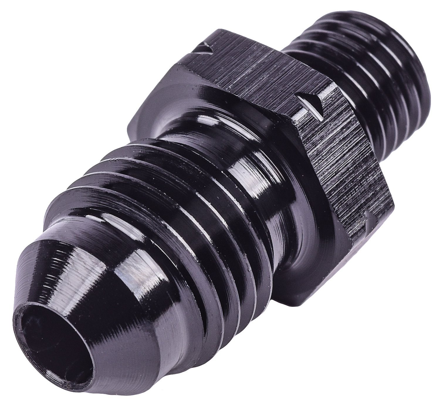 JEGS 101300: AN to Metric Adapter Fitting, -4 AN Male to 8mm x 1 Male, Straight AN Flare to Metric Thread, Aluminum, Black Anodized Finish, Washer Not Included