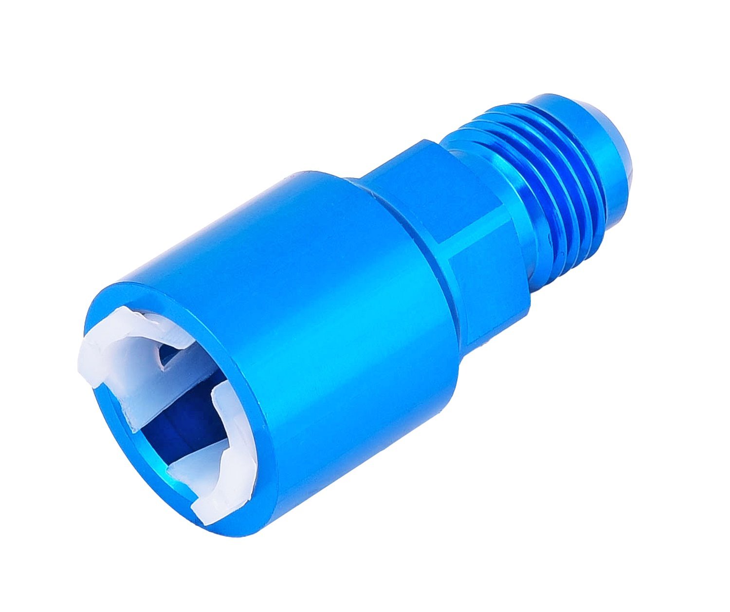 JEGS 555-108585: AN to Fuel Injection Quick-Connect Adapter Fitting, Fits  GM, Ford, and Chrysler Applications, -6 AN Male to 3/8 in. Hardline, Push-On Quick-Connection, Aluminum, Blue Anodized Finish