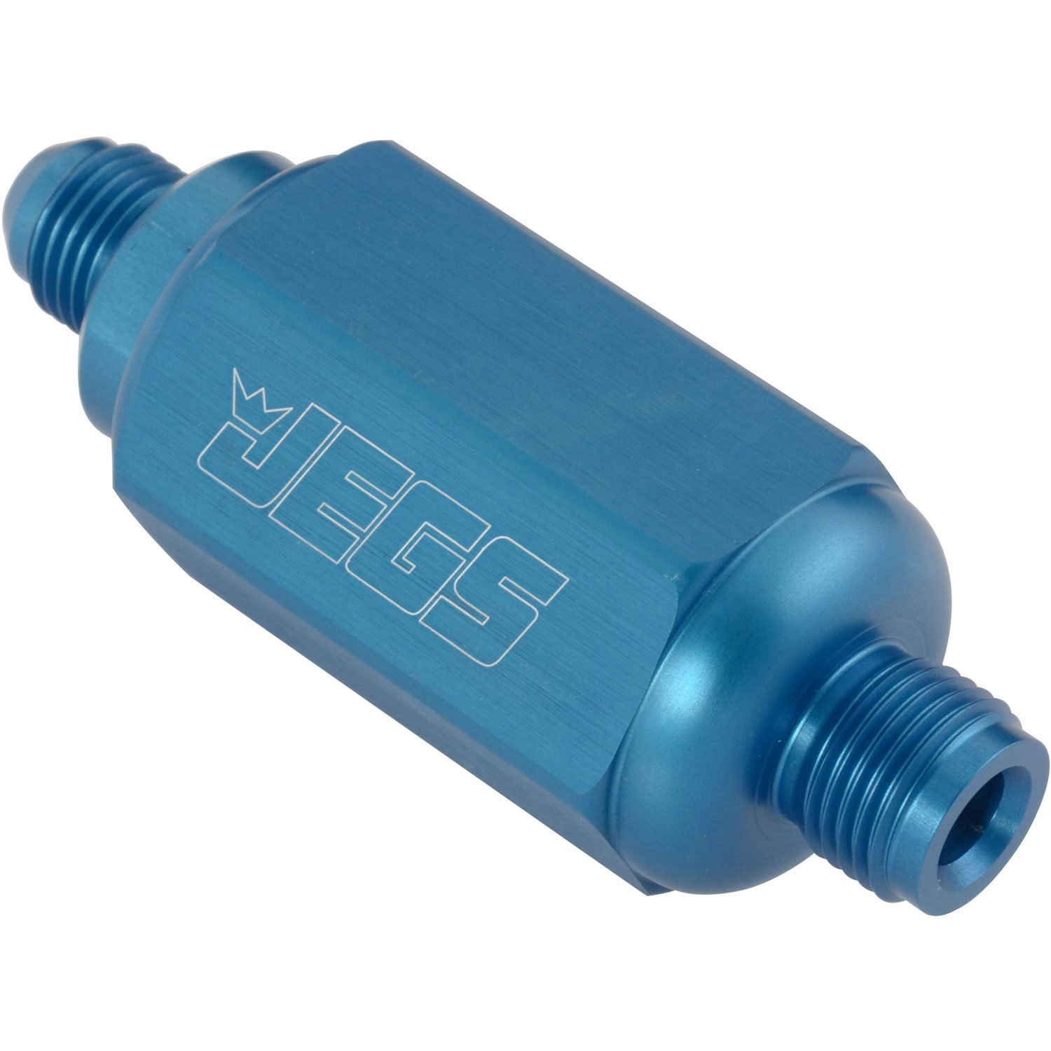 Compact Billet Aluminum In-Line Fuel Filter, 2 5/16 in. Long [5/8 in.-18 Inverted Flare Male to -6 AN Male, Blue]