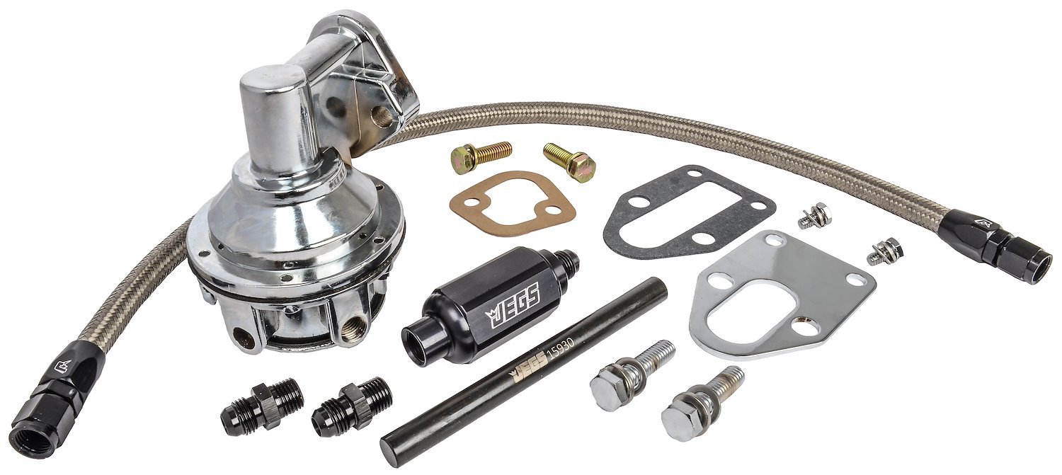 Mechanical Fuel Pump & Installation Kit for Small Block Chevy 265-283-327-350-400 [80 gph, Black Fittings]