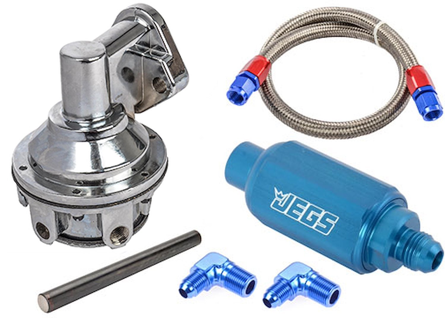 JEGS Mechanical Fuel Pump & Installation Kit for Small Block Chevy  265-283-327-350-400 [110 gph, Blue Fittings]