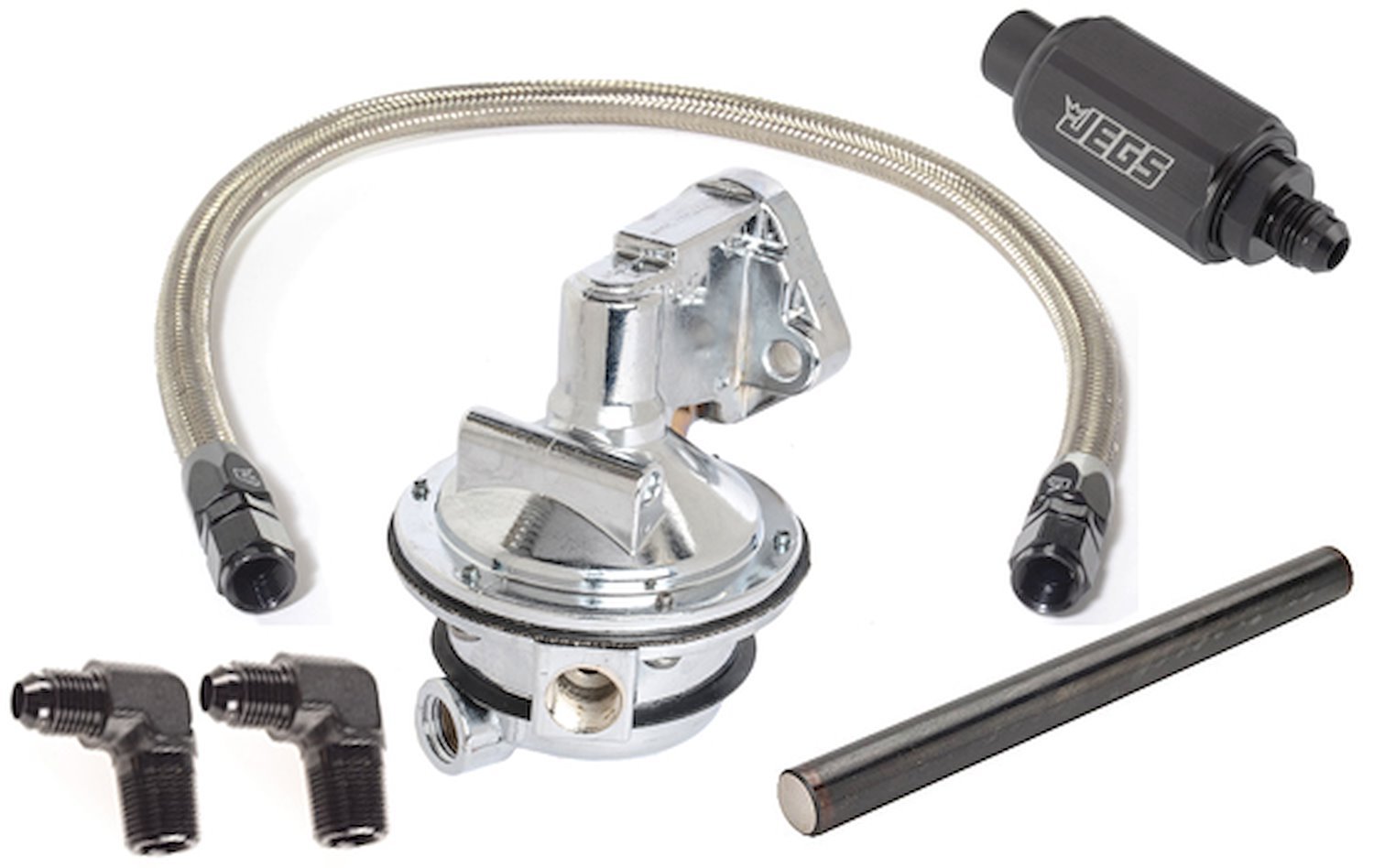 JEGS 15961K: Mechanical Fuel Pump & Installation Kit for Big Block Chevy  396-427-454, 110 gph, Black Fittings
