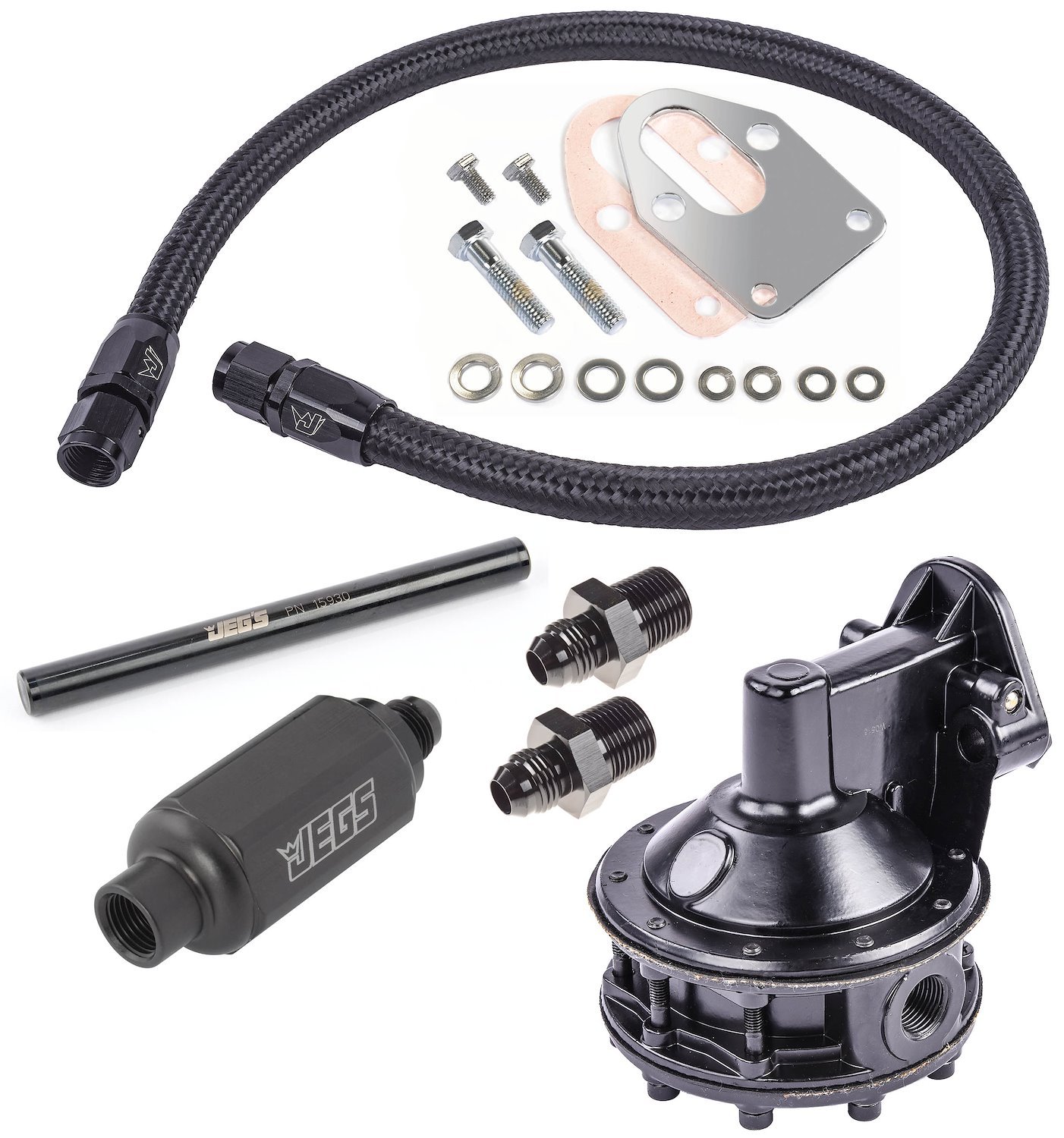JEGS Mechanical Fuel Pump & Installation Kit for Small Block Chevy  265-283-327-350-400 [110 gph, Black Fittings]