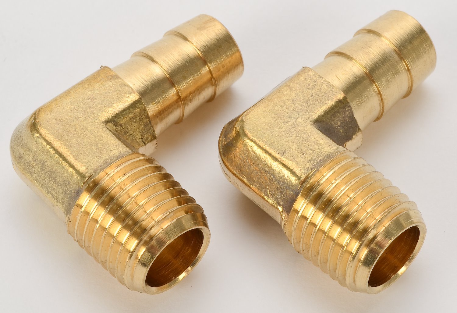JEGS 15973: NPT 90-Degree Hose Barb Fitting, 1/4 in. NPT to 3/8 in. I.D.  Hose, Brass, Gold Finish