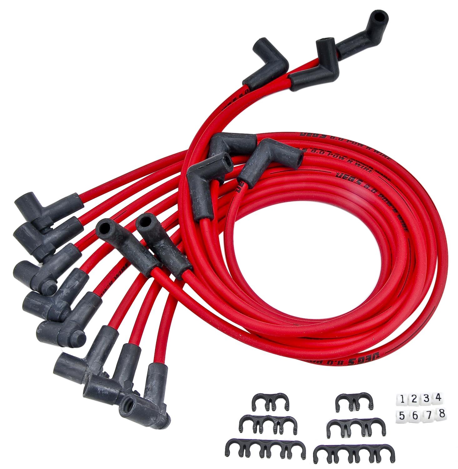JEGS 555-40299: Hi-Temp Sleeved Spark Plug Wire Set, Fits Small Block  Chevy 262-400 w/HEI Distributor, 8 mm Red, Over Valve Cover Design, 90- degree HEI Distributor Boots