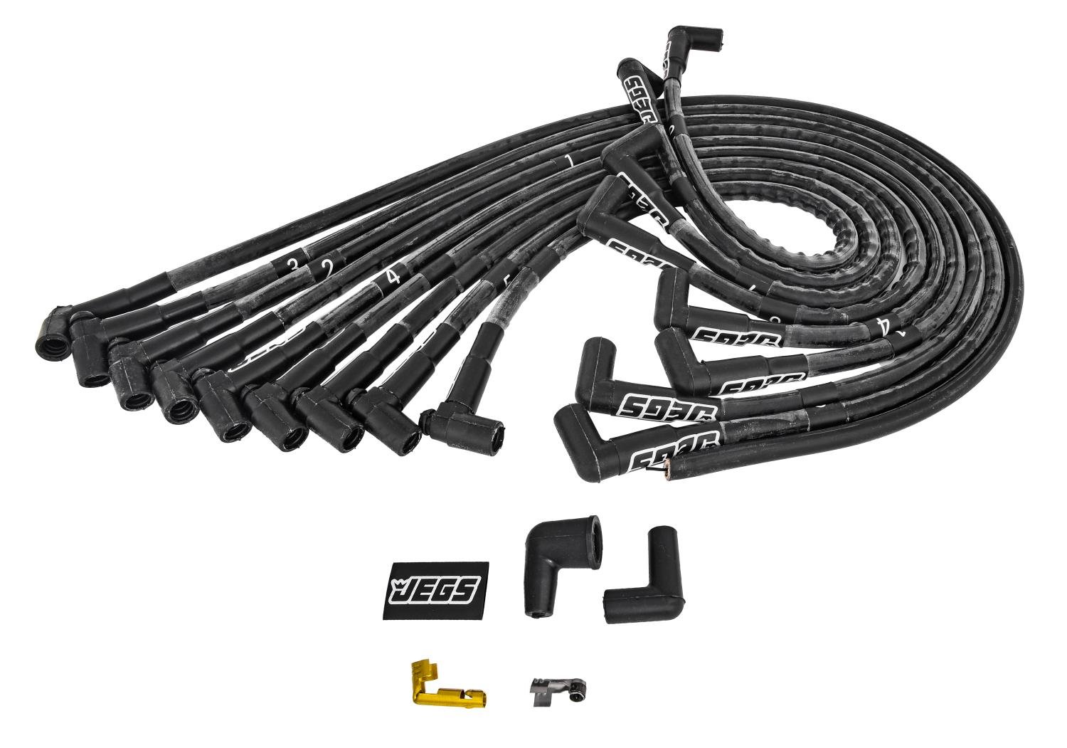 JEGS 555-40288: Hi-Temp Sleeved Spark Plug Wire Set Fits Small Block  Chevy 262-400 w/HEI Distributor Black Over Valve Cover Design  90-degree HEI Distributor Boots 90-degree Spark Plug