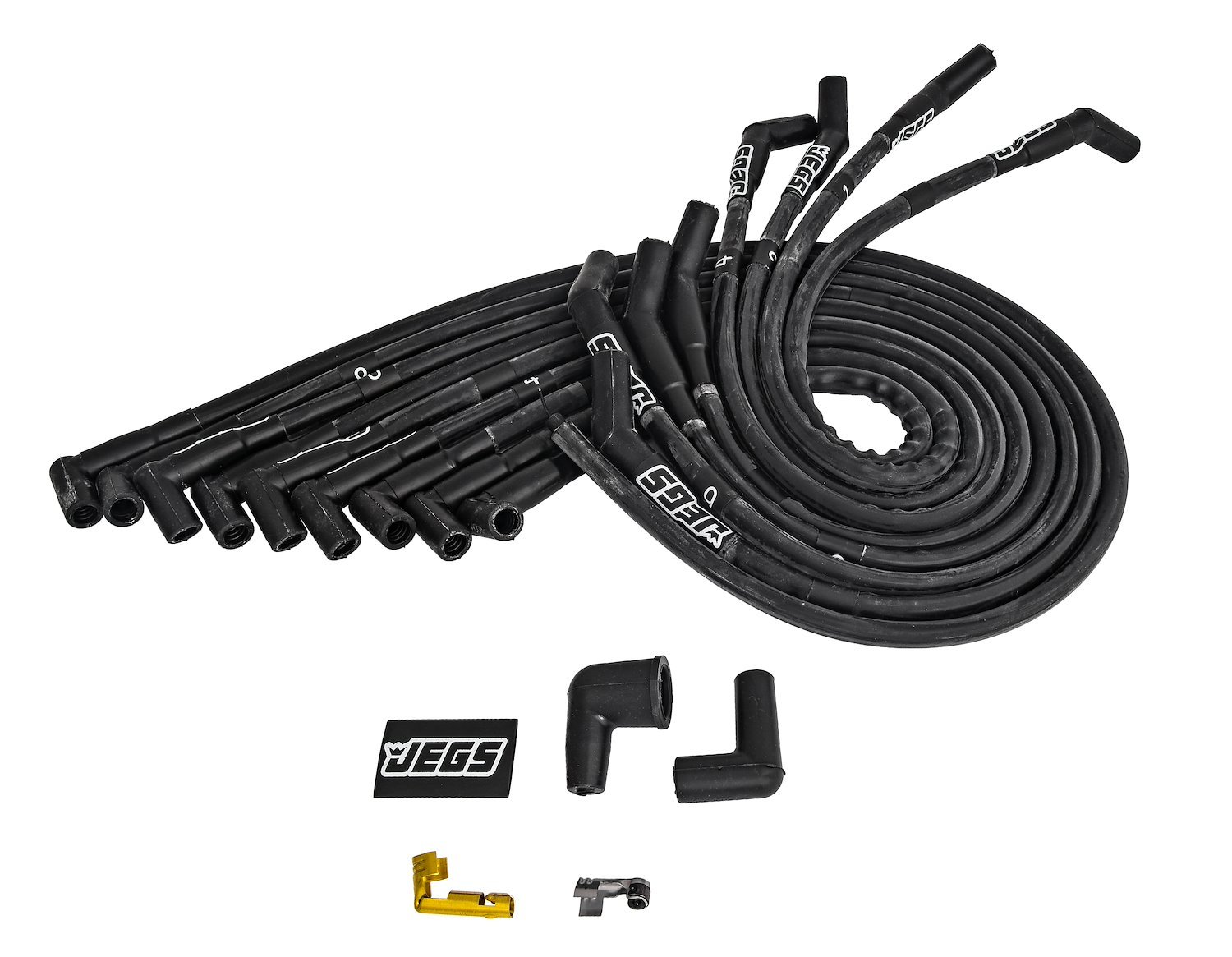 JEGS 8mm Hi-Temp Sleeved Spark Plug Wire Set for Big Block Ford 429 & 460  w/HEI, Under Header w/135-degree Boots [Black]