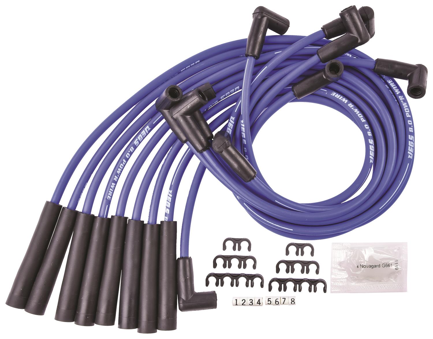 JEGS 8mm Hi-Temp Sleeved Spark Plug Wire Set for Small Block Chevy 262-400  w/HEI, Over Valve Cover w/90-degree Boots [Blue]