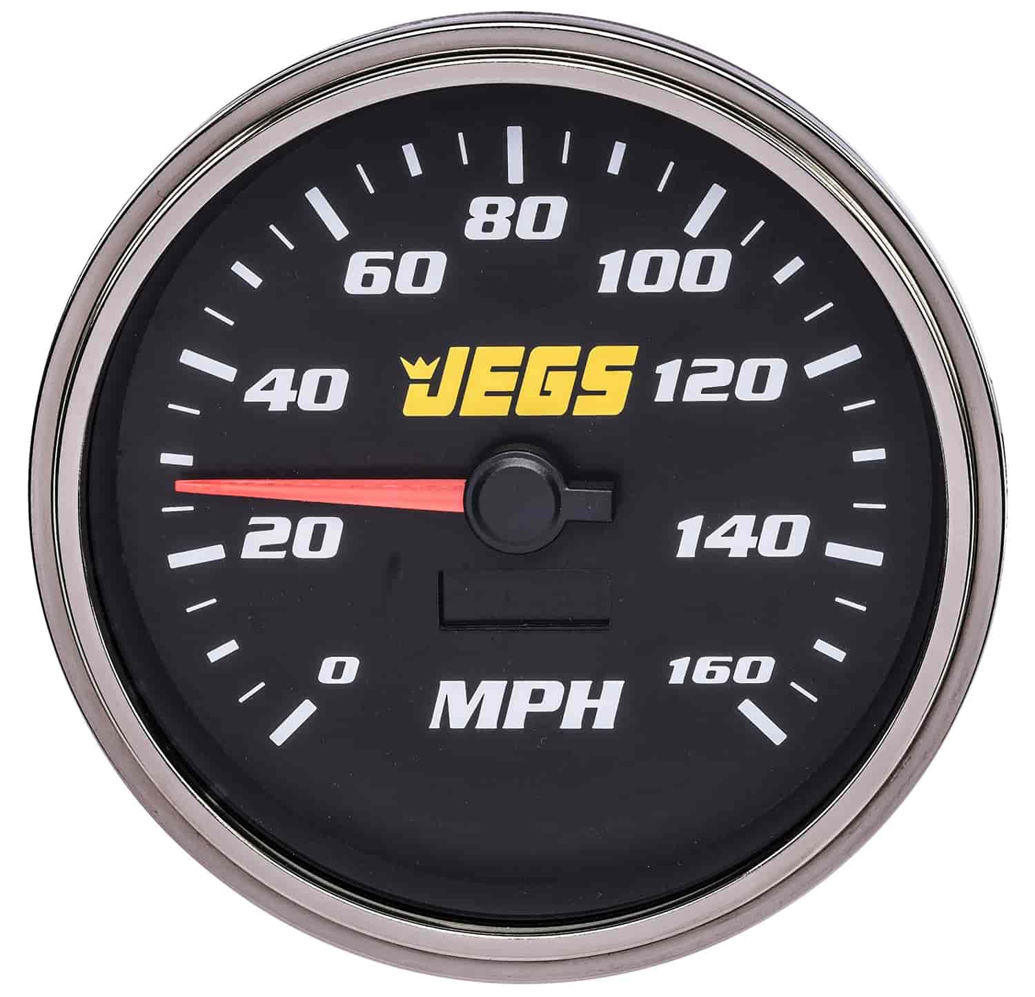 JEGS 41286: 5 in. Electronic Programmable Speedometer | Reads 0-160 mph |  Black Face | White Numbers | Red Pointer | LED Lighting | 270-Degree Sweep  | Polished Stainless Steel Bezel | Remote Mount TRIP/CALIBRATION - JEGS