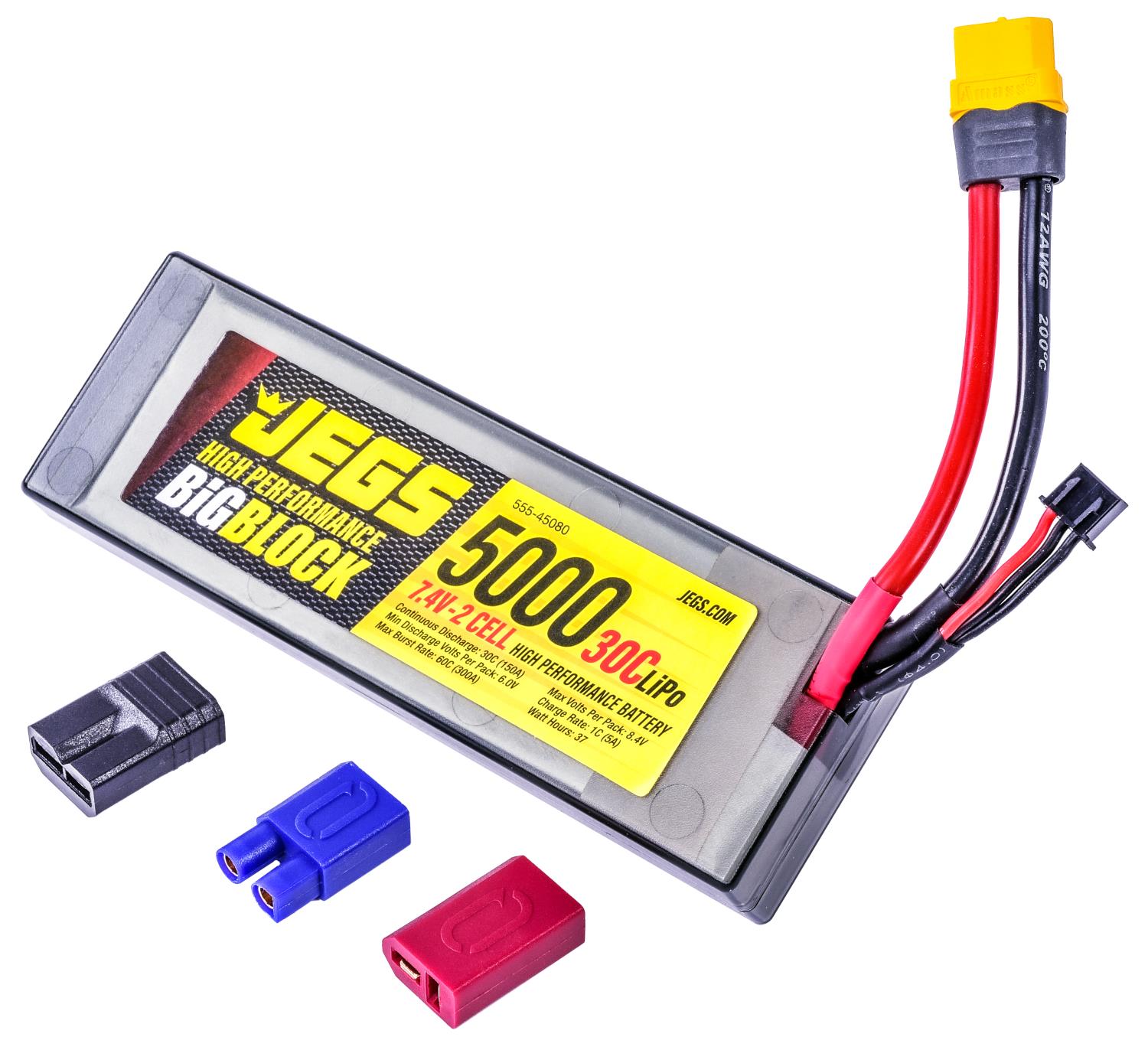 JEGS 45080: Big Block LiPo Battery | Cell Count: 2 | Volts: 7.4V |  Capacity: 5000 mAh | C-Rate: 30C | Continuous Discharge: 150A | Max Burst  Rate: 300A | Maximum Voltage: